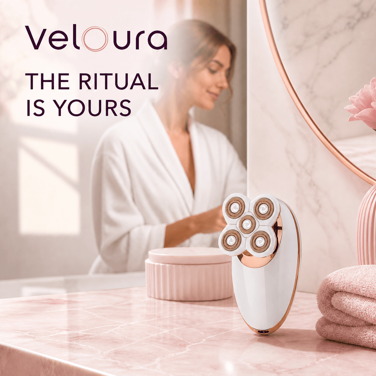 Veloura Premium electric razor on a marble vanity — switching from a blade to electric