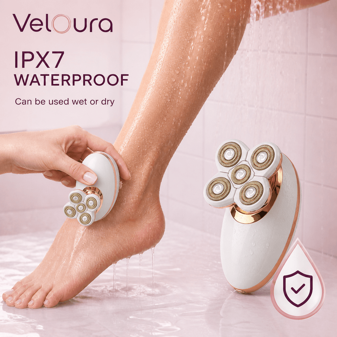 Veloura Premium razor used wet in the shower, IPX7 waterproof