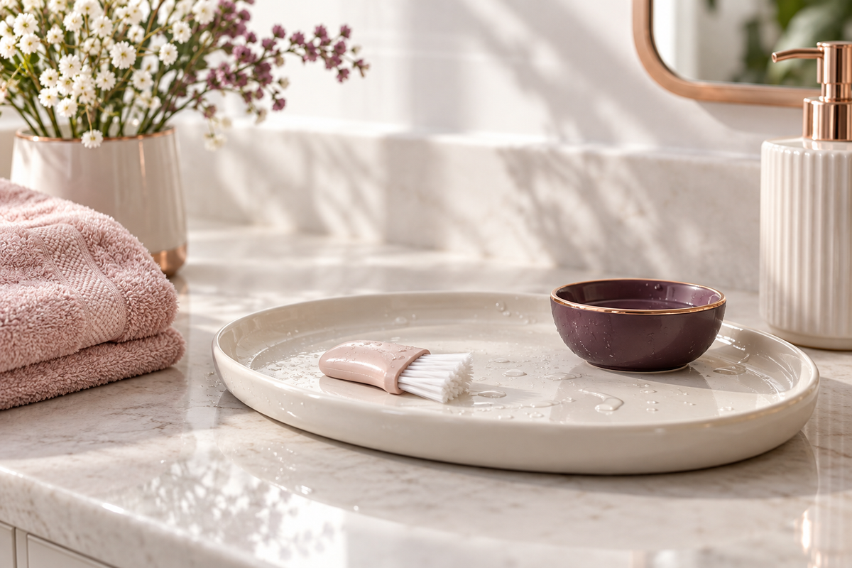 Blush-toned bathroom scene with a small shaver-cleaning brush, water droplets, and a white tray.