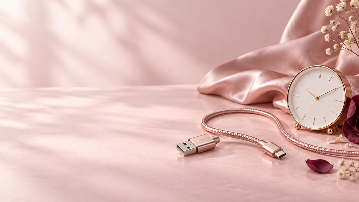 Illustrative USB cable and rose-gold clock on blush satin, representing a planned electric-shaver charging routine.