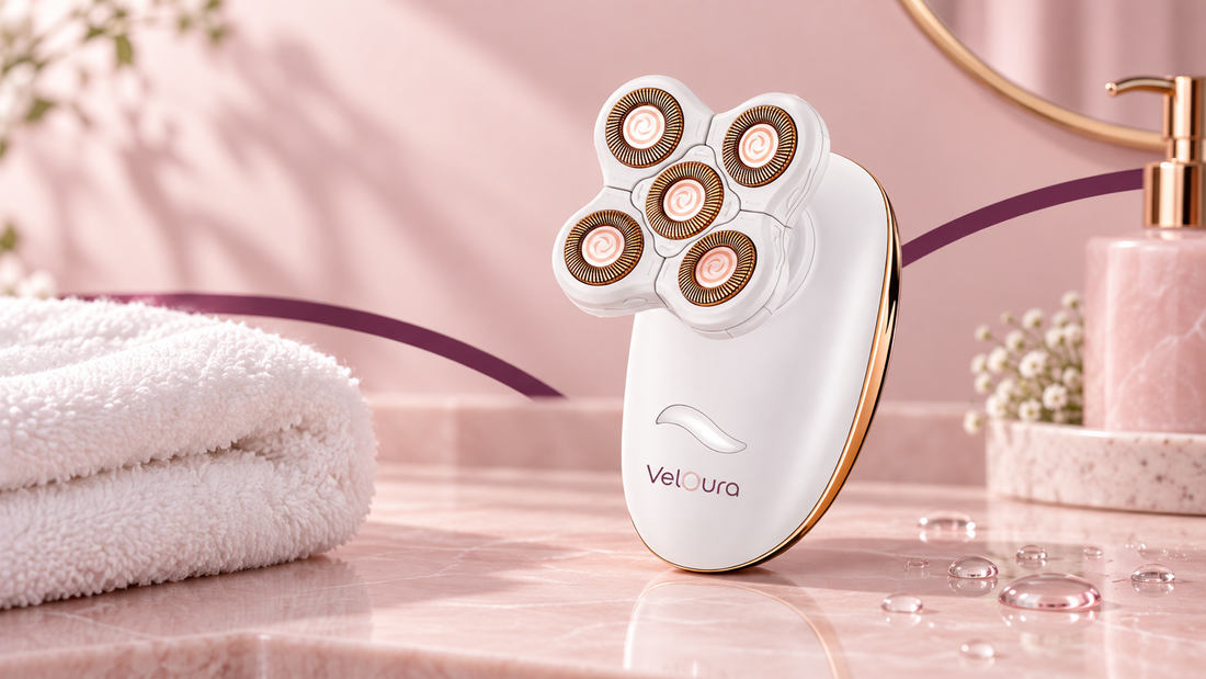 Veloura five-head electric shaver beside a towel and water droplets for wet and dry leg shaving