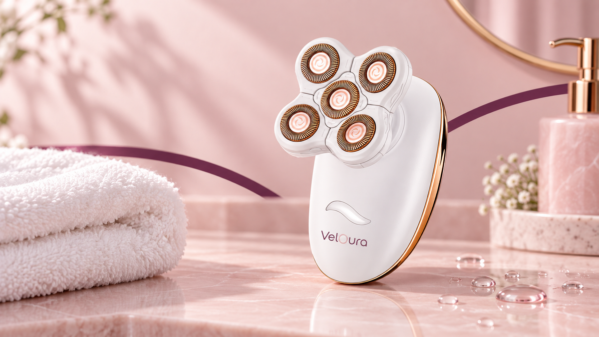 Veloura five-head electric shaver beside a towel and water droplets for wet and dry leg shaving