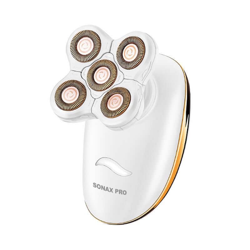 Veloura 3-in-1 electric razor shown at an angle, five rose-gold rotary heads and contoured white handset