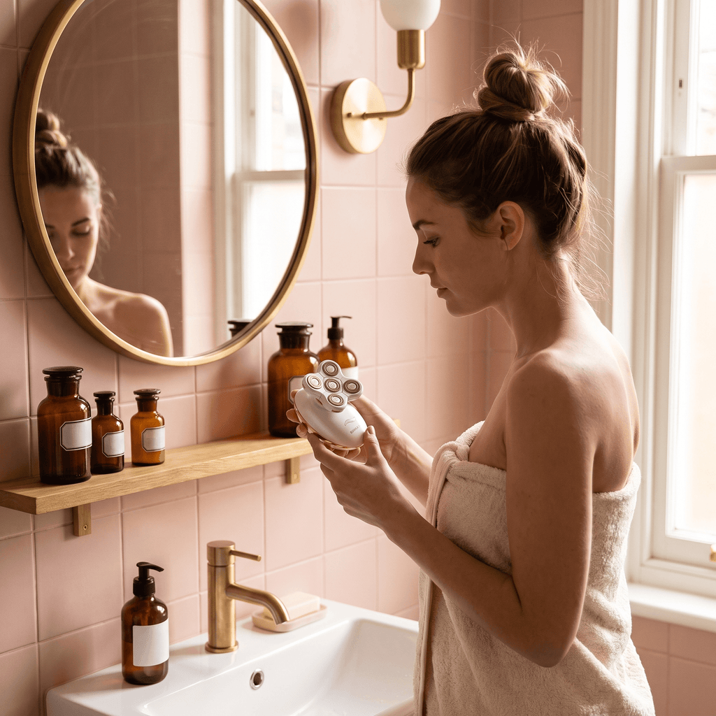 Woman wrapped in a towel holding the Veloura 3-in-1 electric razor at a bathroom mirror
